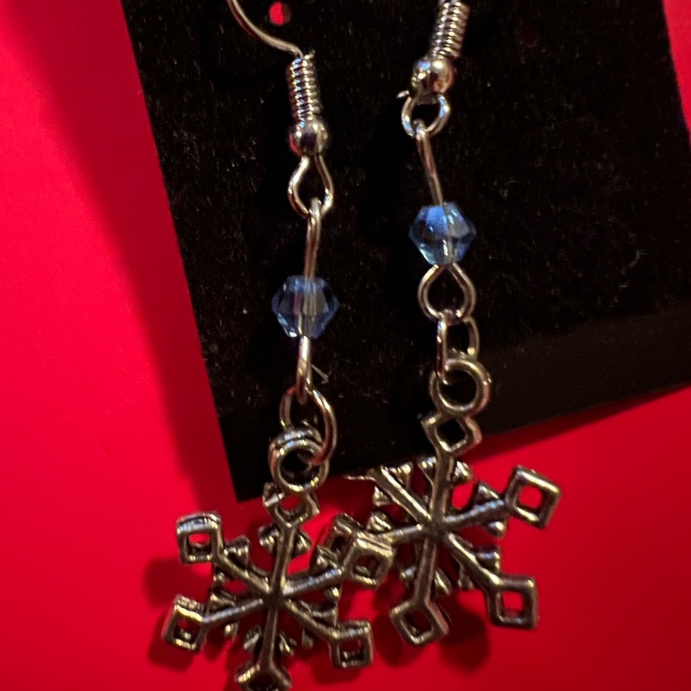 Metal Snowflake Earrings with Blue Accents